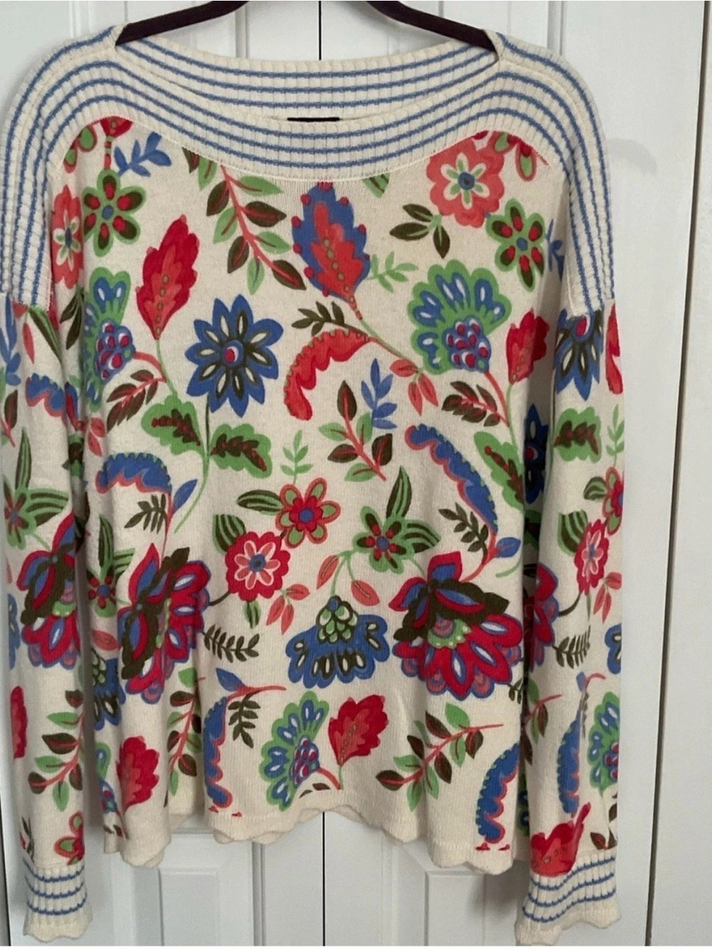 Talbots Bateau Neck Pullover - Darling Floral Sweater Cream & Blue XL